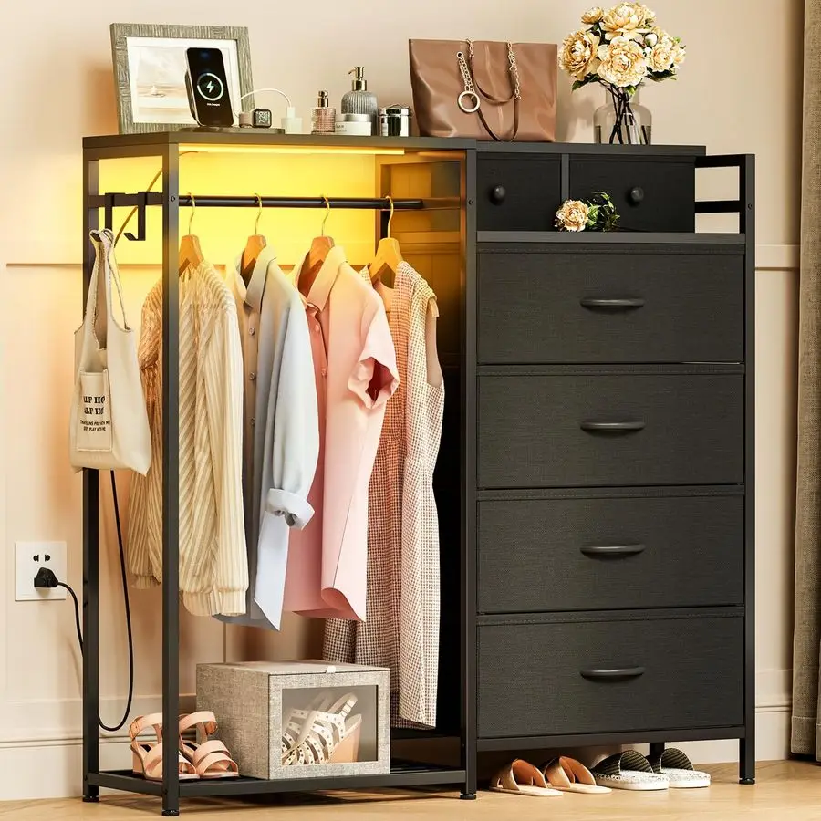 Cômoda para quarto com rack para pendurar roupas, cômoda reversível para quarto com sapateira 6 gavetas de tecido, baú de armazenamento 3 em 1