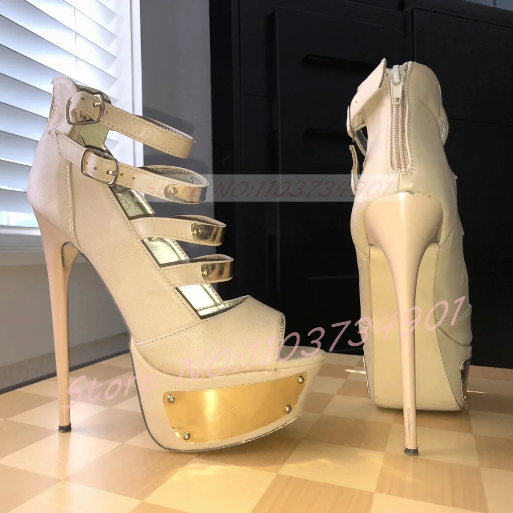 Nude Strappy Stiletto Platform Sandals Women Metallic Decal Open Round Toe High Heels Sexy Feminine Dress Sandals