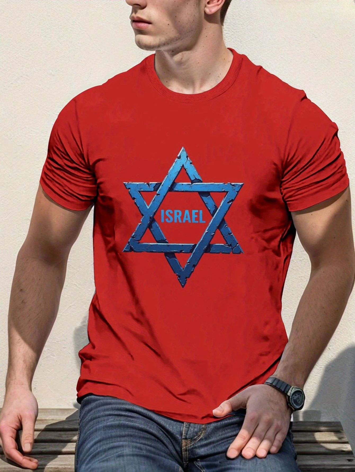 

Distressed Blue Star of David & Israel Graphic design-100% cotton summer O-neck short sleeve casual printed men's T-shirt.