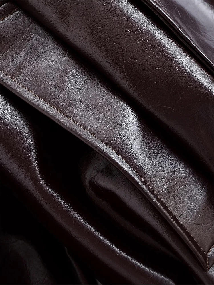 Chaqueta de piel sintética a la moda para mujer, abrigos con cinturón de doble botonadura y cuello vuelto, prendas de vestir informales de calle para otoño 2025