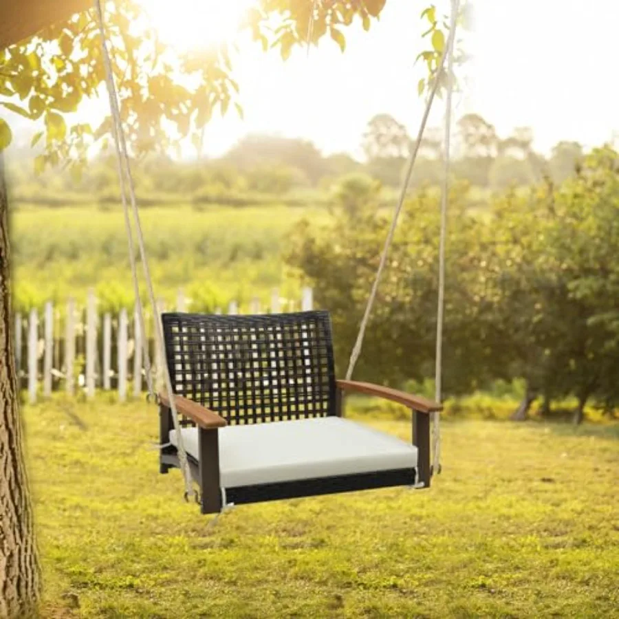 1-Person Rattan Porch Swing with Cushion, Outdoor Single Swing Chair Bench with Acacia Wood Armrests and Hanging Hemp Ropes, Of