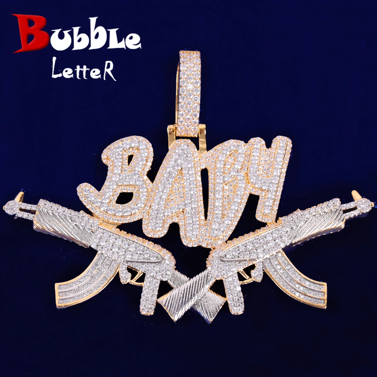 Bubble Letter Baby Gun Pendant Iced Out Necklace for Men Cubic Zircon Real Gold Plated Hip Hop Jewelry