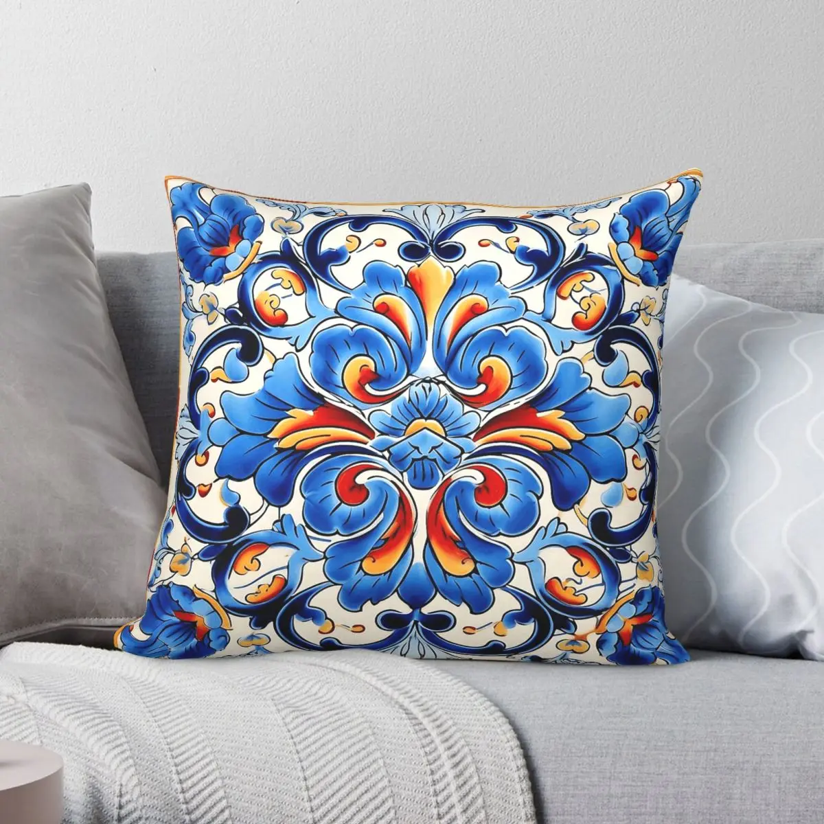 Spanish Ceramic Tile Square Pillowcase Polyester Linen Velvet Pattern Zip Decorative Pillow Case Home Cushion Cover 45x45