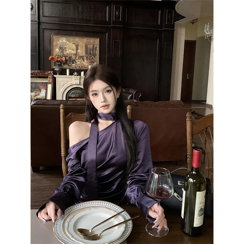 

Elegant Satin Shirts Women Fashion Sexy Off Shoulder Tie Blouses Summer Ladies Korean Skew Collar Long Sleeve Slim Design Tops