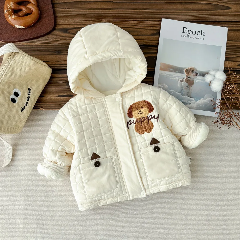 UNIFEMEN Baby Winter Parkas Thick Cotton Stylish Little Dogs Plush Infant Boys Jackets Warm Hooded Todddler Boys Outdoor Wear