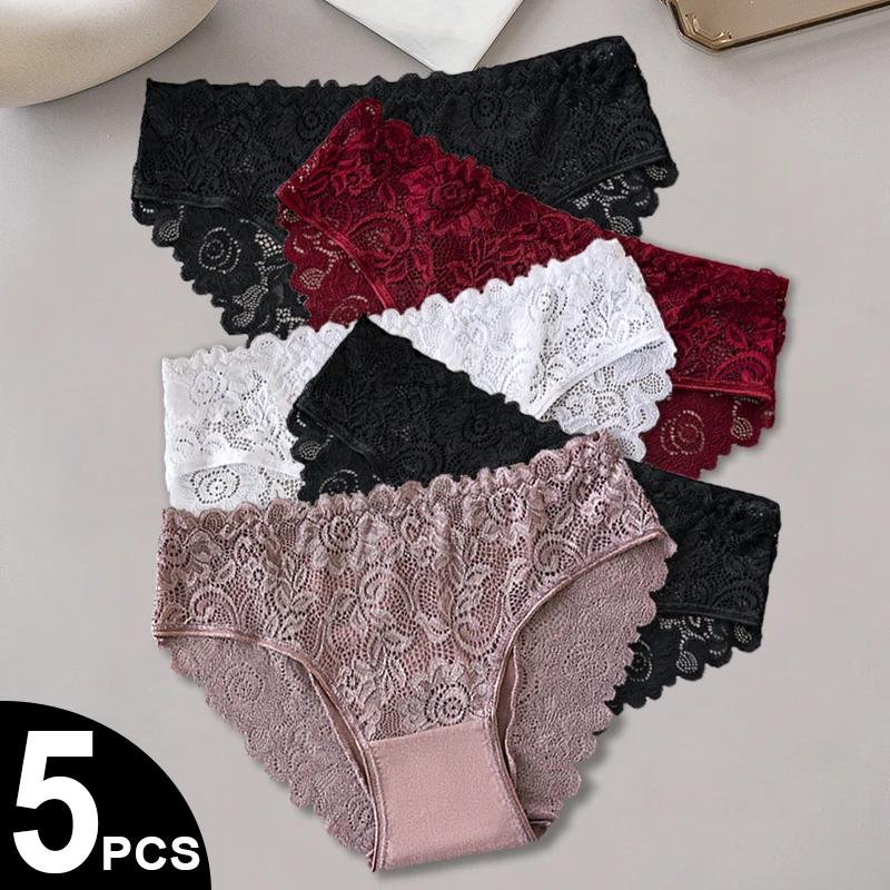 5PCS Lace Panties Set for Women Cotton Patchwork Hollow Out Floral Embroidery Women Briefs Sexy Female Underwear Lingerie