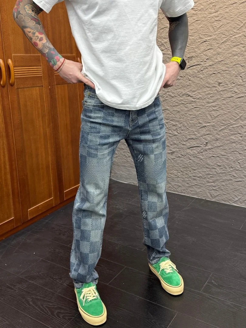 

Casual Plaid Jeans Men's Straight Leg Faionable Splicing Waed mid Waist Zipper Fly Non-Stretch Autumn Seasonal Wear