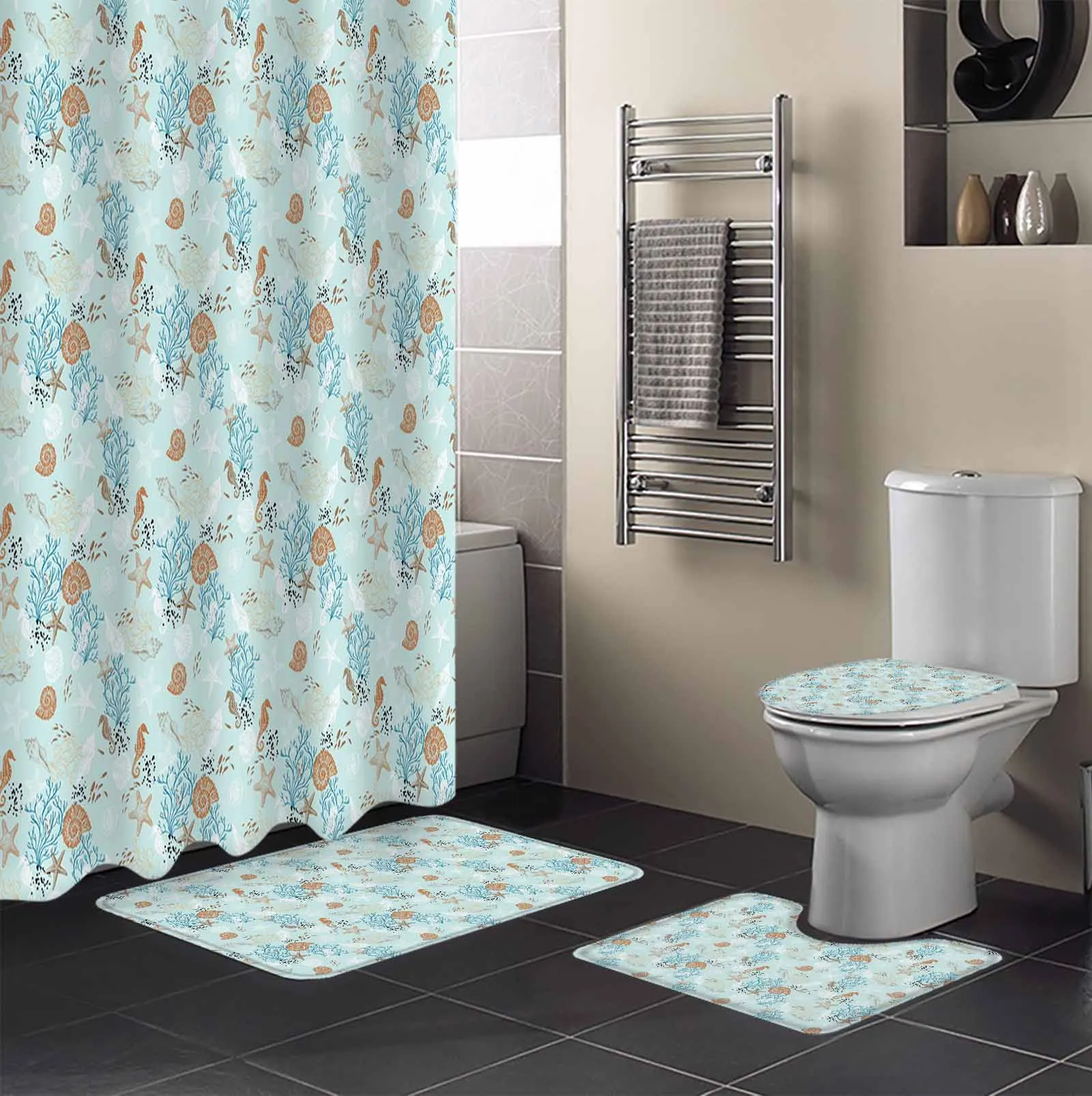 Starfish And Shells Coral Retro Shower Curtain Set Non-Slip Rugs Bath Mat Toilet Lid Cover Waterproof Bathroom Curtain