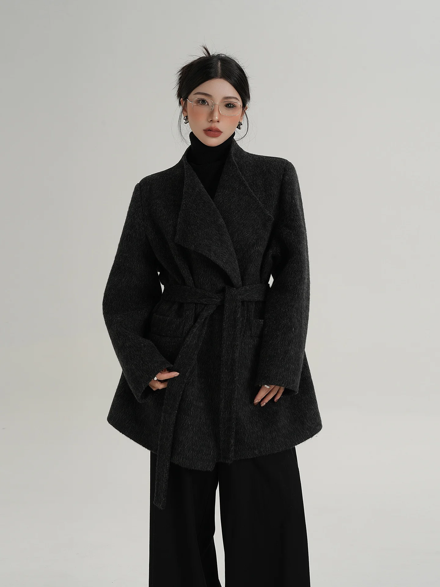 

SRYS AME Charcoal Grey Double-Faced Woolen Coat Shoulder-Length Mid-Length Women's Outerwear Thick Winter New Style Commute