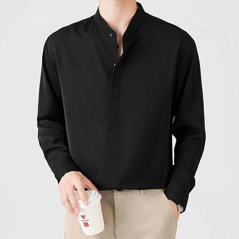 2023 New High Quality Korean Fashion Stand Collar Shirt Men Long Sleeve Solid Color Business Casual Loose Simple Shirts for Men