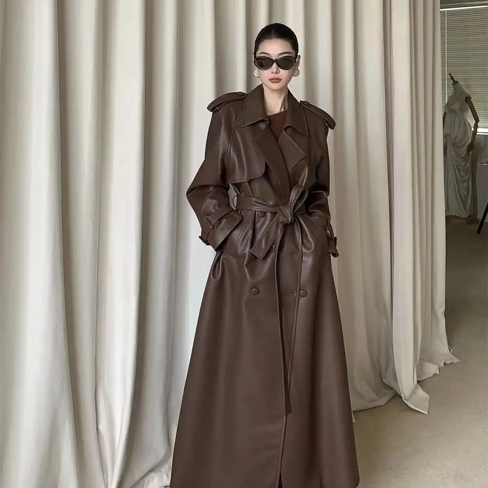 Elegant, High-End, Anti-Wrinkle, Loose-Fitting, Slimming, Coffee-Colored Trench Leather Jacket, Women's Long Coat, New Style For