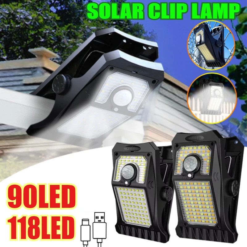 

Solar Lights Outdoor Clip-on Motion Sensor Lights 3 Mode 90LED 118LED IP65 Waterproof Security Light for Fence Deck Wall Garage