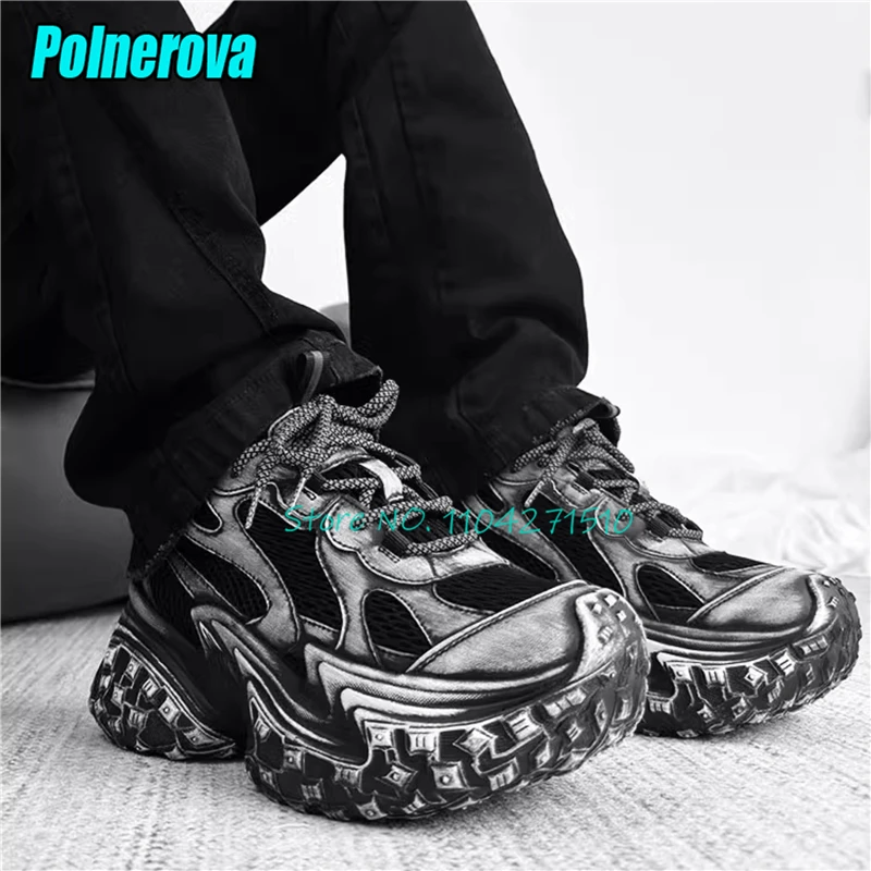 Mesh Thick Soled Sports Shoes for Men Women Summer Breathable Lace-Up Height Increasing Sneakers Fashion Couple Causal Shoes