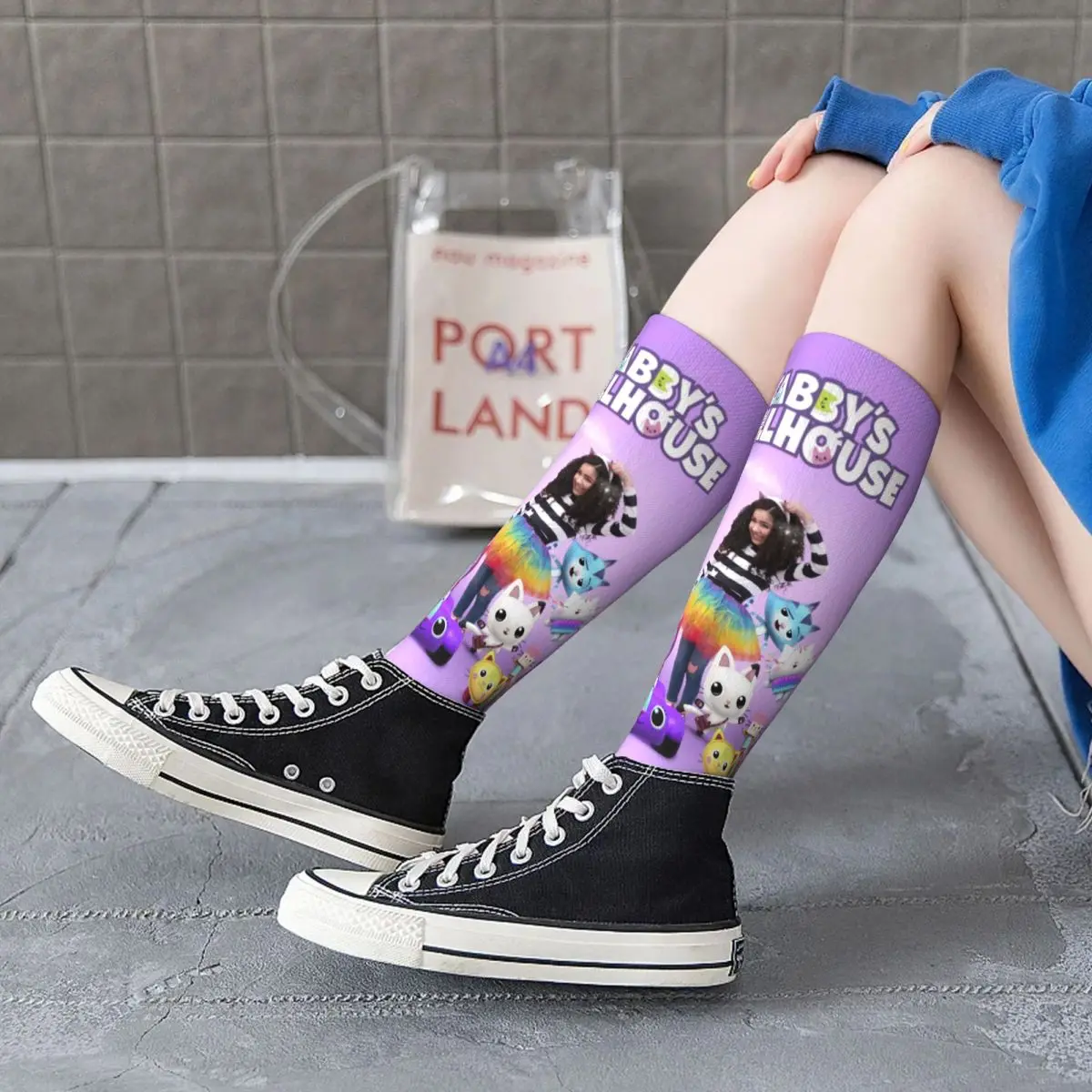 Kawaii Print Gabby Dollhouse Socks for Girl Women Stretch Sports Thigh High Gabbys Mercat Stockings