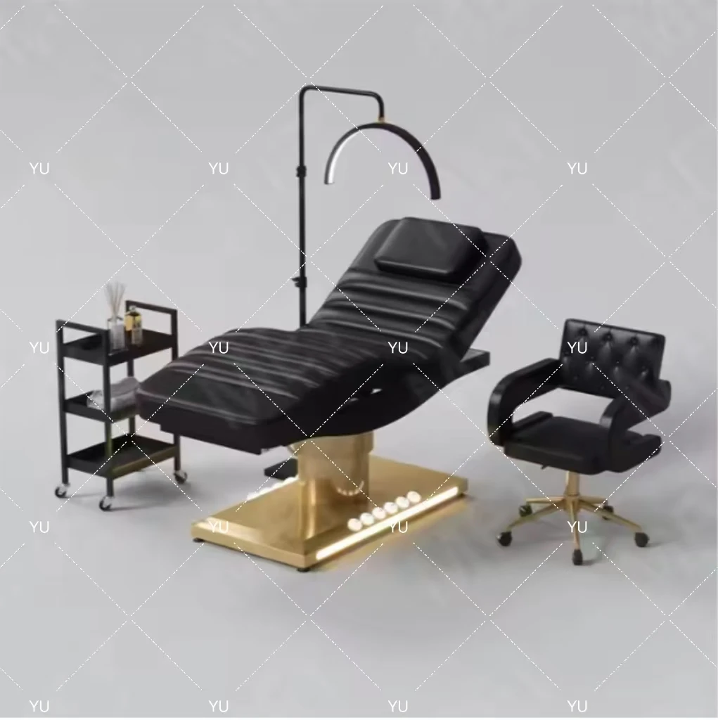 

Modern beauty salon red fabric eyebrow bed luxury gold bottom salon furniture cosmetics eyelash bed with trolley