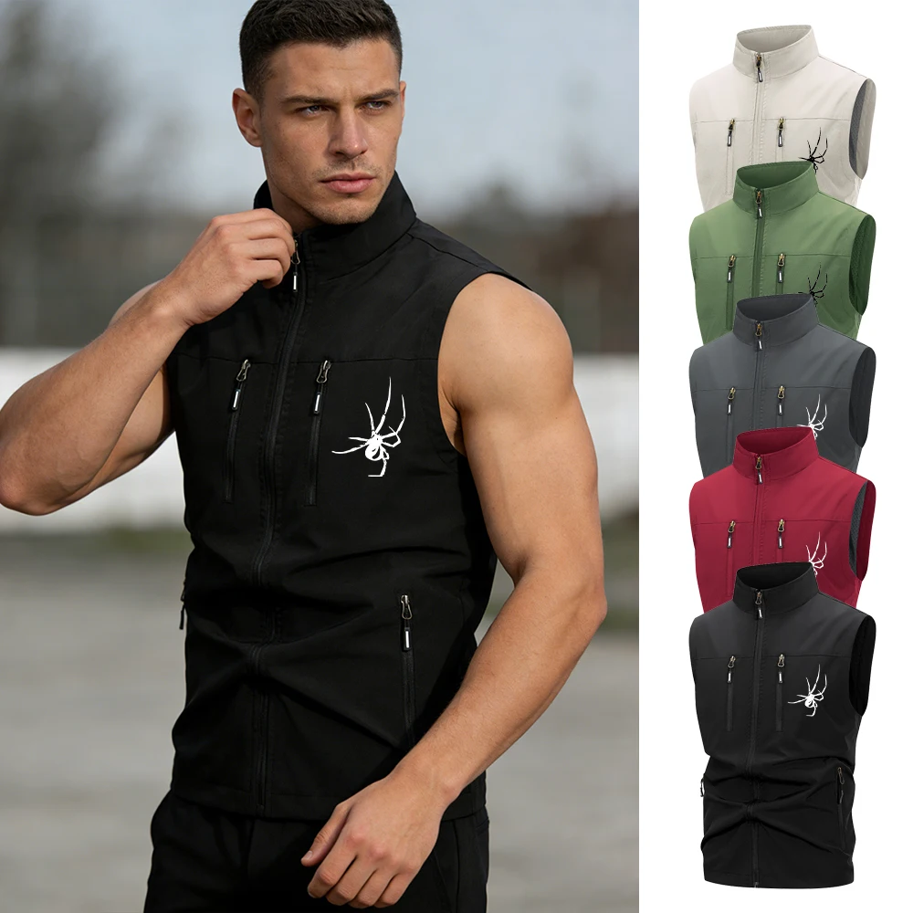 Men's Spider Print Stand Collar Vest Fashionable Casual Zipper Sleeveless Top With Zipper Pockets Summer Outdoor Sports Vest