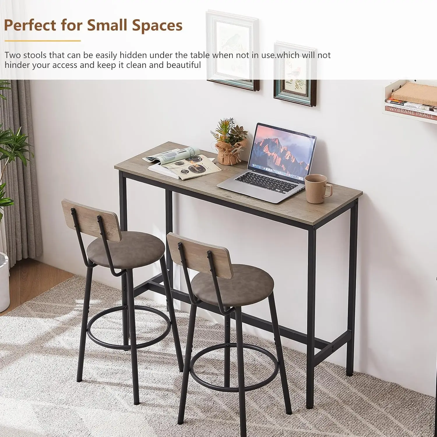 Estilo Industrial Bar Stools Conjunto com PU Estofos Assento com Encosto, Pub Mesa de Jantar, Cozinha e Apartamento, 3 PCs