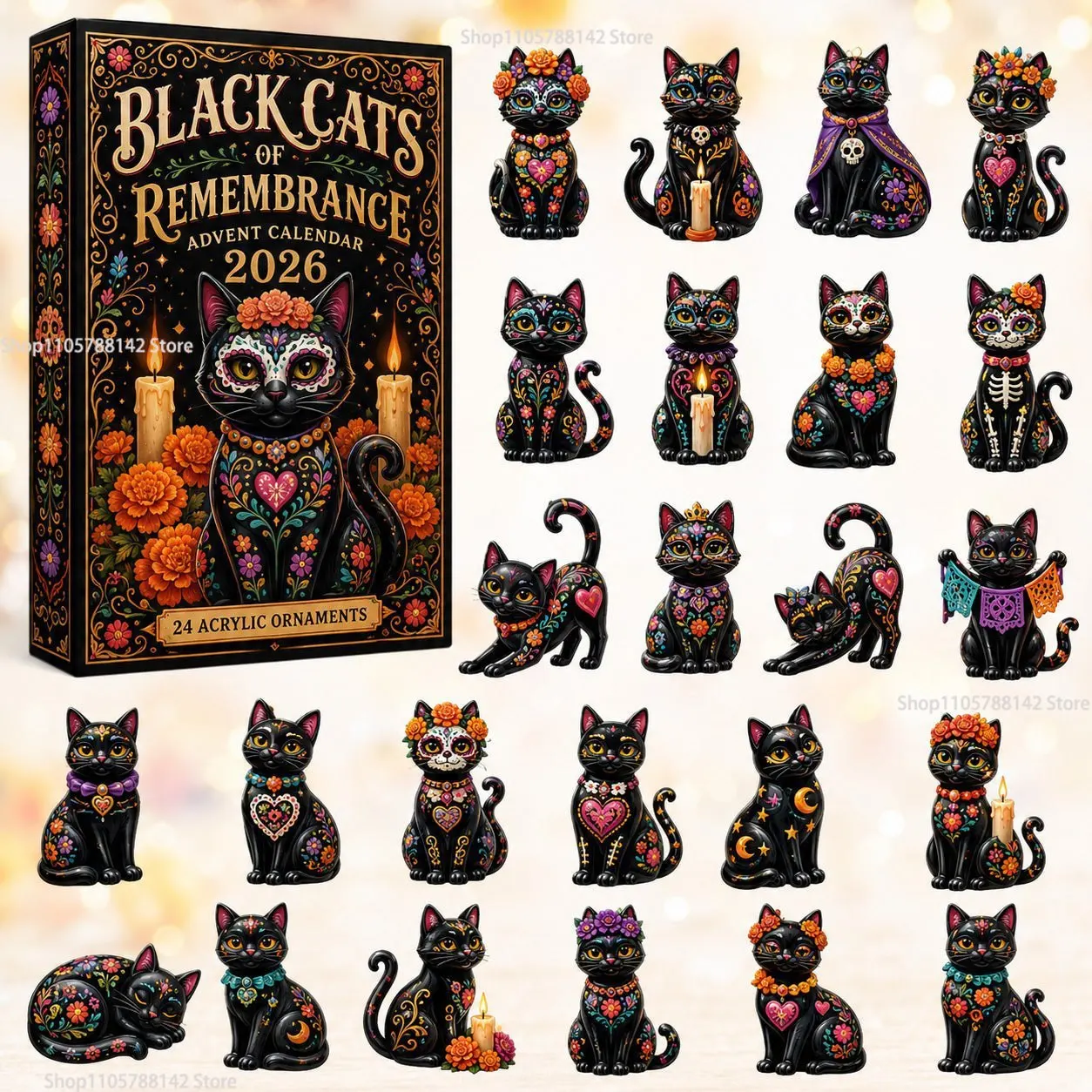 2026 Tag der Toten Niedliche Katzen & Hunde Adventskalender Countdown-Kalender 2D Acryl Flacher Adventskalender 24 Tage Countdown Deko Geschenke