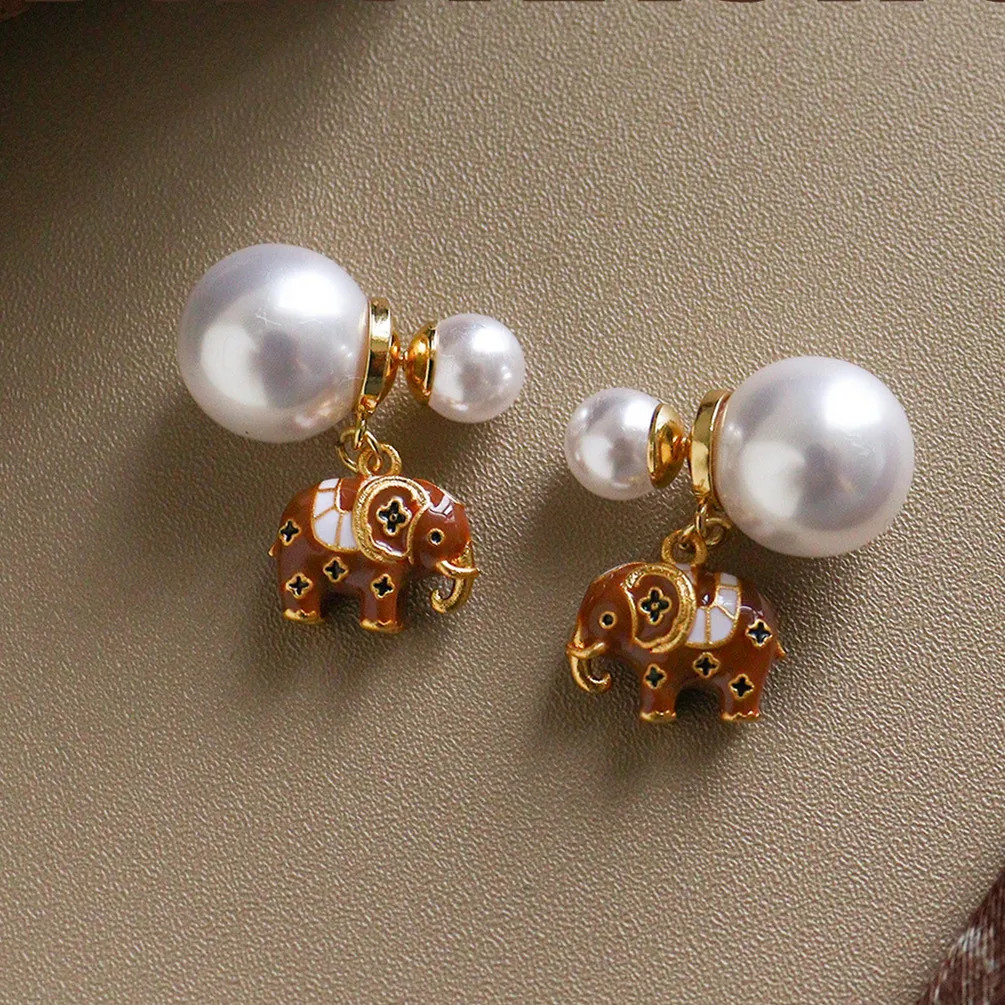 

Fashion Women Double Side Pearl Ball Stud Earrings with Enamel Elephant Pendant Luxury Gold Color Female Statement Ear Decoratio