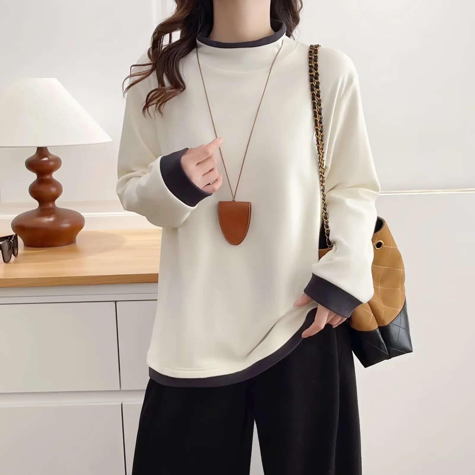 XXXXL موضة حجم كبير المرأة تي شيرت الخريف الشتاء بسيط عادية اللون كتلة الوجهين DE المخملية الدافئة بلوزات بأكمام طويلة #1