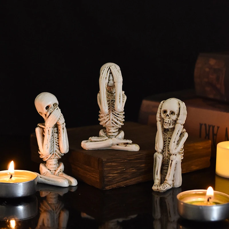 Halloween Skeleton Resin Figurine - 'See No Evil, Hear No Evil, Speak No Evil' Skull Decoration For A Spooky Atmosphere