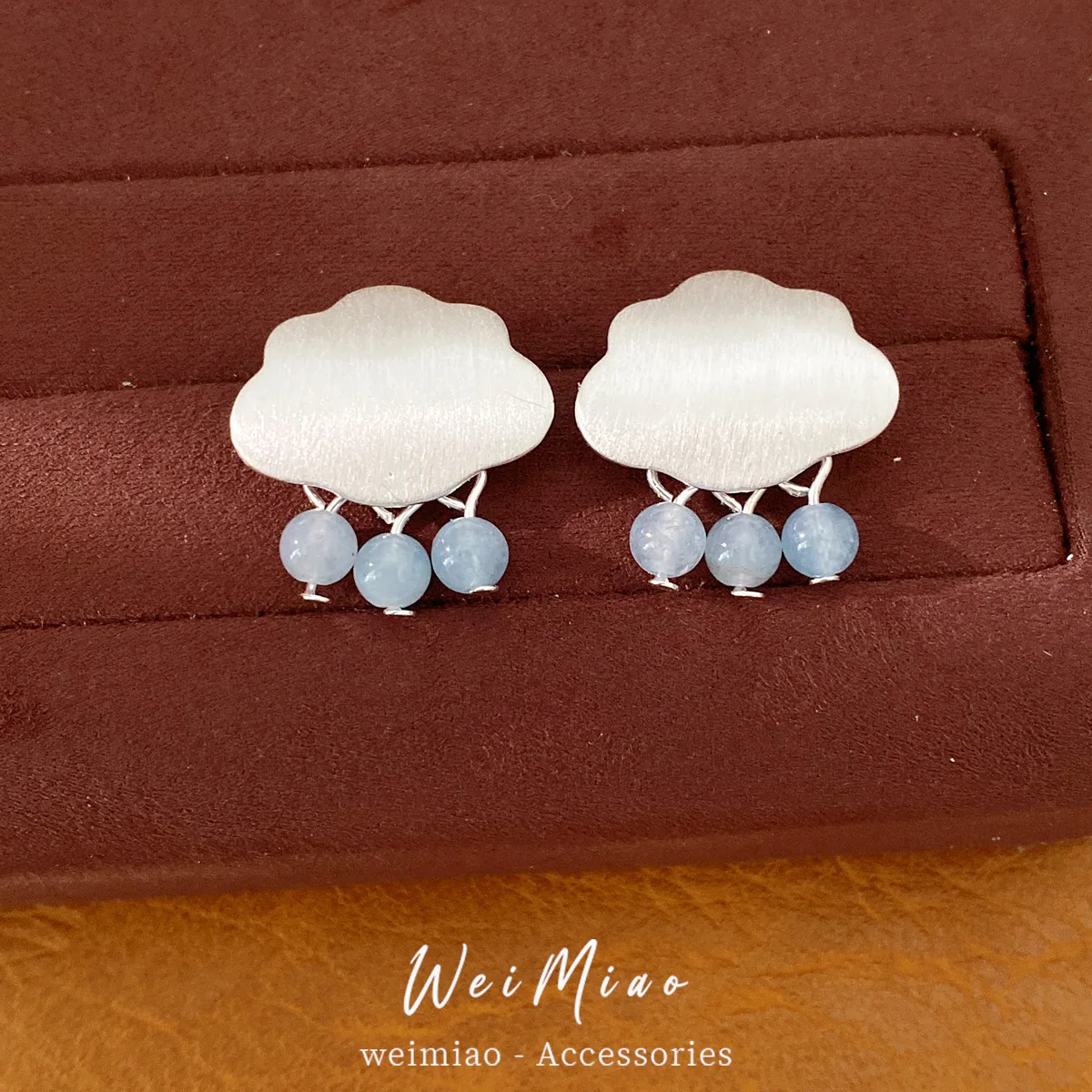 Cute Brushed Cloud Stud Earrings Hanging Ice Blue Round Beads Delicate Weather Theme Ear Drop Minimalist Girl Jewelry