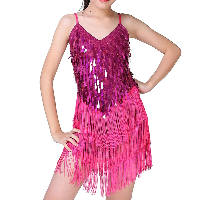 Girl's Sequin Tassel Dress Latin Dance Skirt Costume Sparkling for Kids Ballet Tango Rumba Dance Wear 