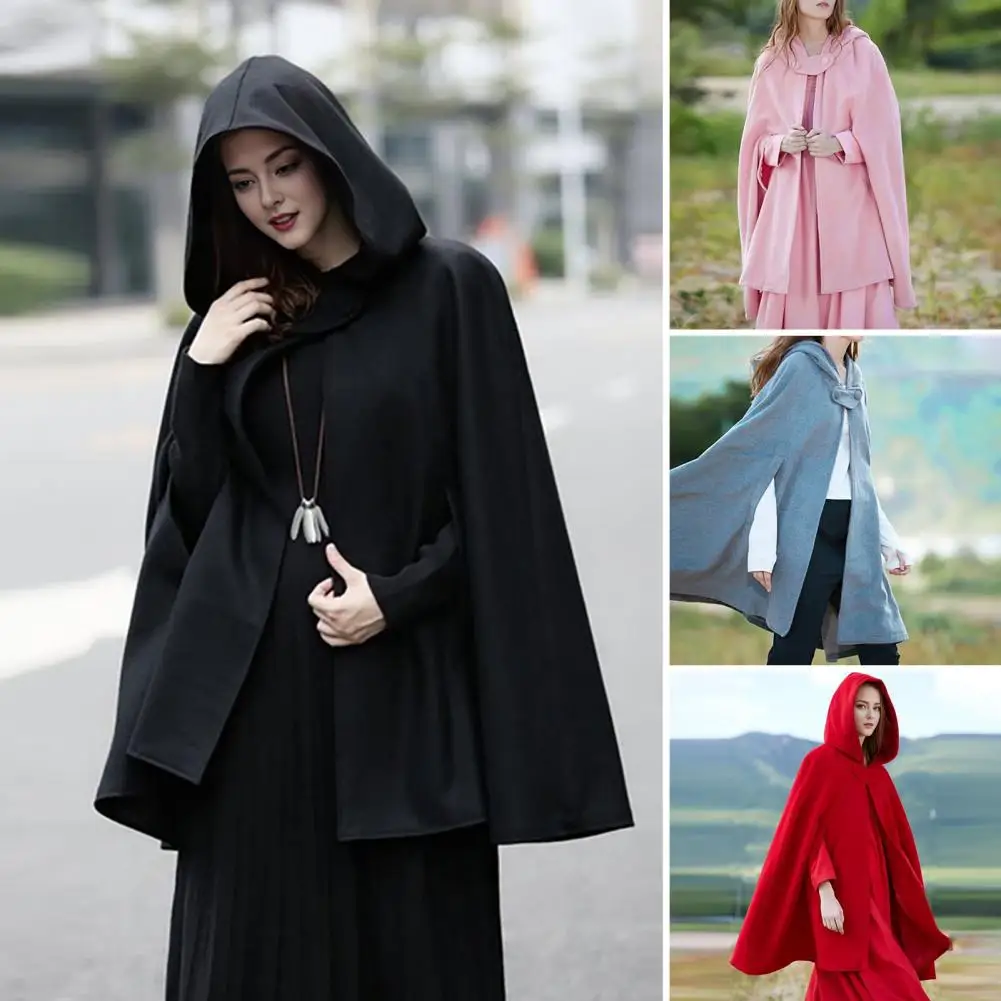 Cape Style Jacket Medieval Retro Gothic Women's Cape Coat with Hood for Winter Warmth Knee Length Loose Cloak with Single-button