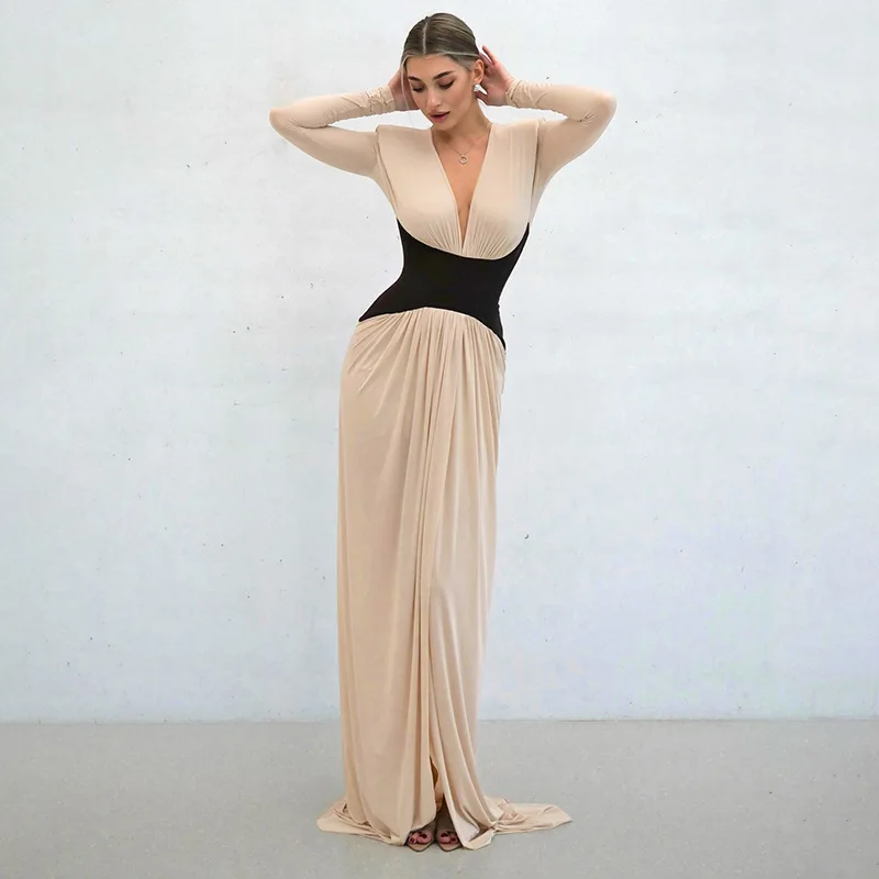 

Cross-Border Simple Long Sve Color Blo High Slit Long Dr Women's Faion V-Ne A-Line Skirt Polyester Fabric Ultra-Thin