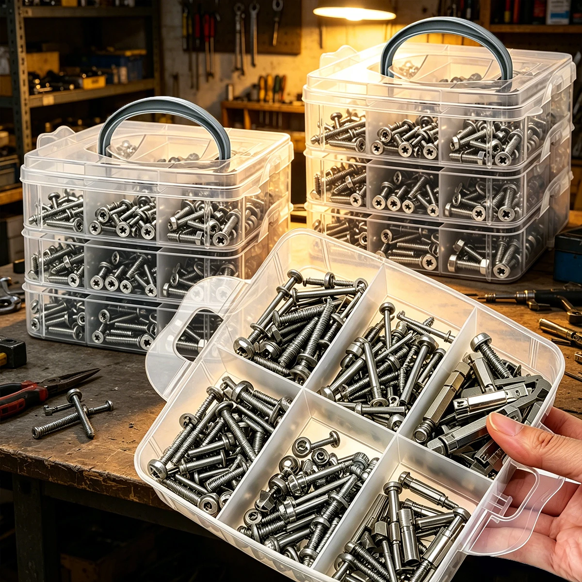 2pcs Stackable Hardware Storage Box with Three Layers of Screws Bolts Parts Desktop Organization and Detachable Handheld Box