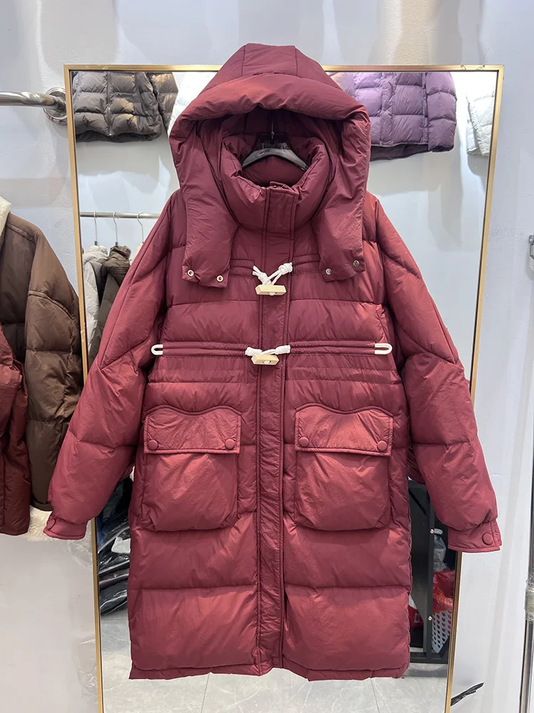 النسخة الكورية تصميم الأزياء مقنعين فضفاضة بيضاء بطة أسفل سترة المرأة منتصف طويل نمط الاتجاه الشتاء سترة جديدة أسفل