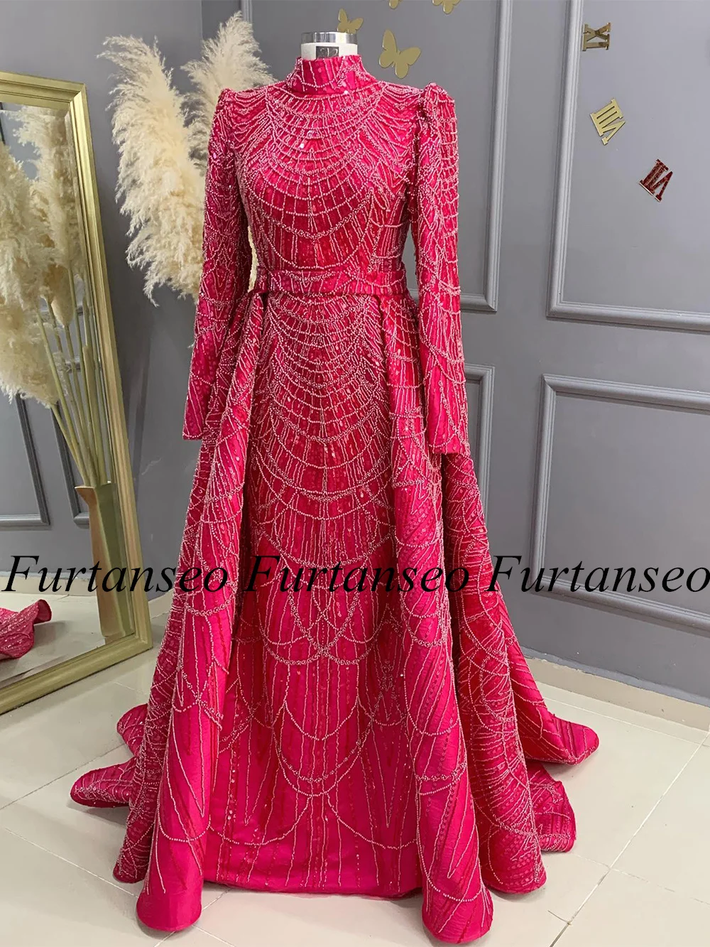 Islamic Prom Dress High Neck Long Sleeves Sparkling Beading Pearls Evening Dresses with Detachable Skirt Arabian Party Gown