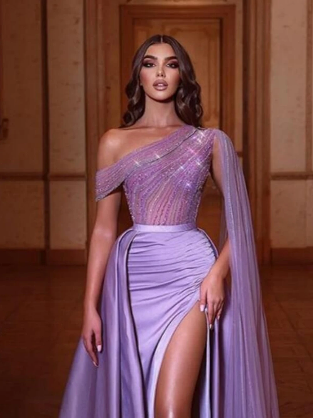 Sexy One Shoulder Prom Dress Shiny Sequins Beads Cocktail Gown Graceful Purple Satin Evening Dresses Customized Robe De Mariée