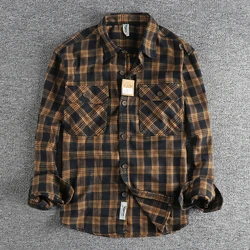 Autumn New American Retro Long-Sleeve Lapel Plaid Shirt Men's Fashion 100% Cotton Washed Double Pocket Casual Youth Blouses Coat