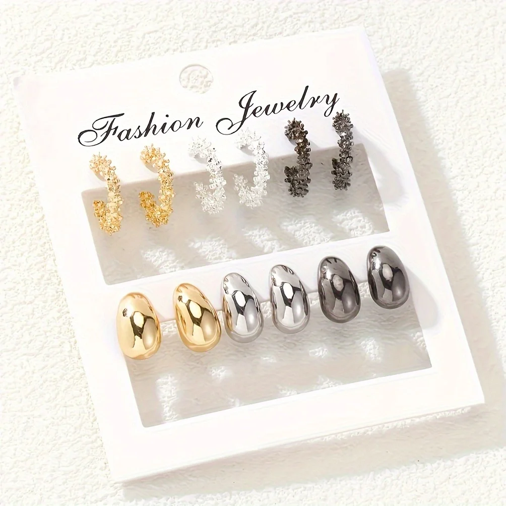 6 Pair Fashion Multi-color Geometric C-shaped Stud Earrings Retro Statement Water Drop Earrings Women's Trend Party Jewelry Set