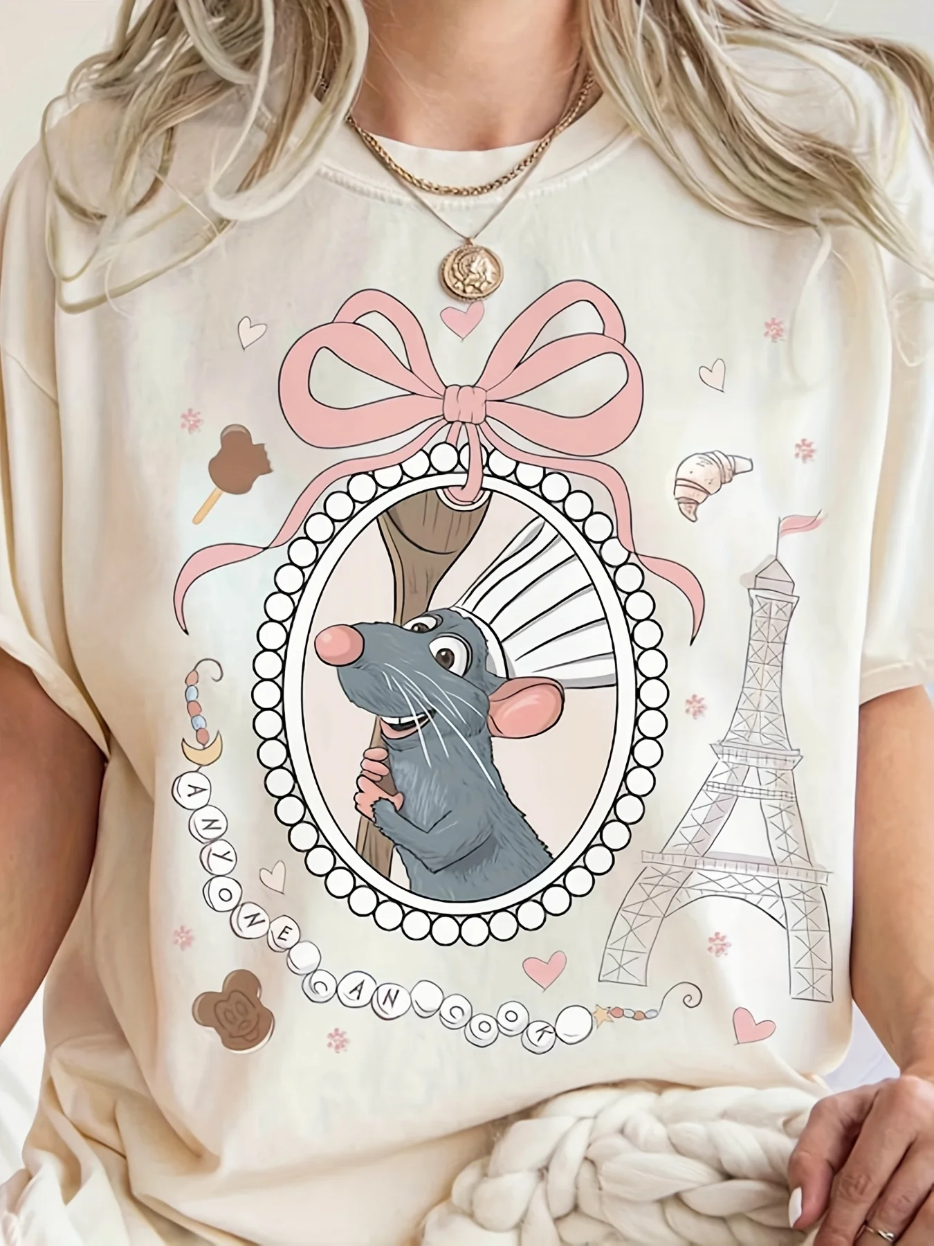 قميص ديزني جورميه ريمي مارتن شيف للسيدات وتي شيرت لينغيني بأكمام قصيرة وبودرة أحمر الخدود والبيج لحفلات أعياد الميلاد #1