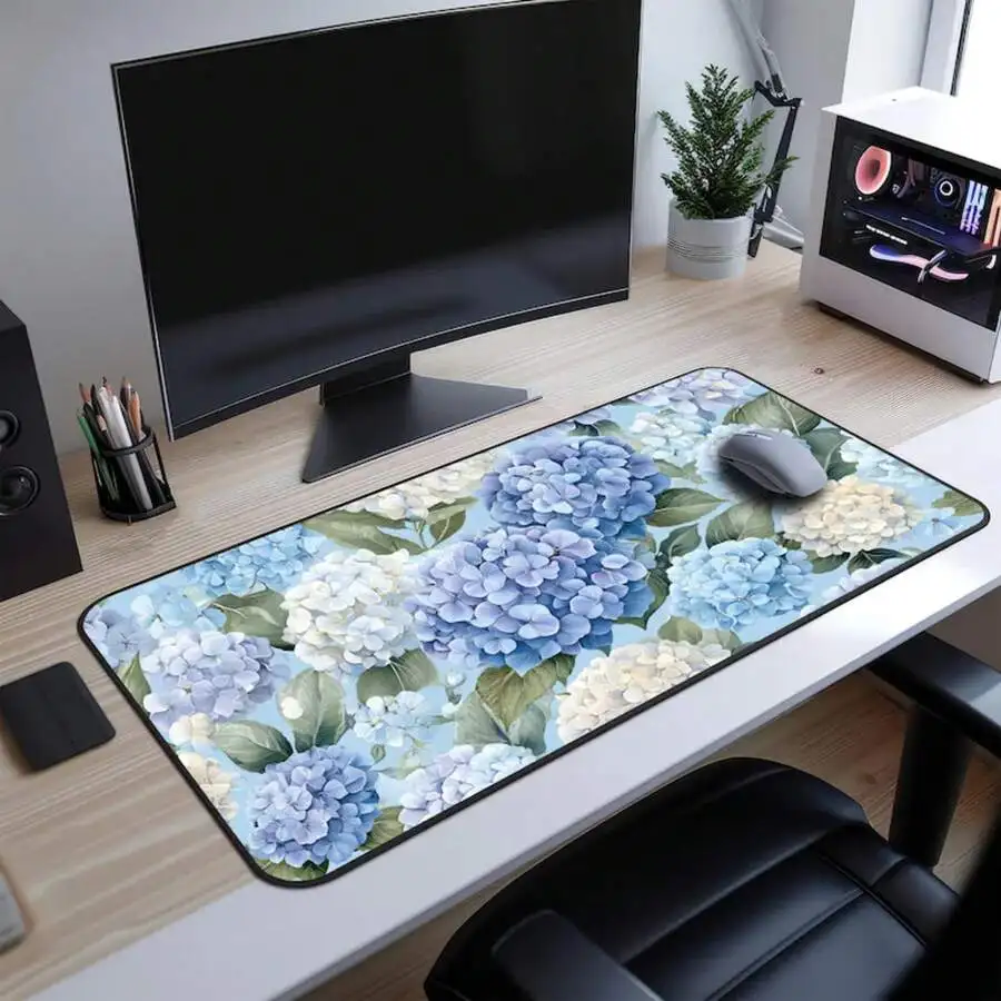 Blue Hydrangea Large Desk Mat Floral Mouse Pad Aesthetic Office Gaming Workspace Decor
