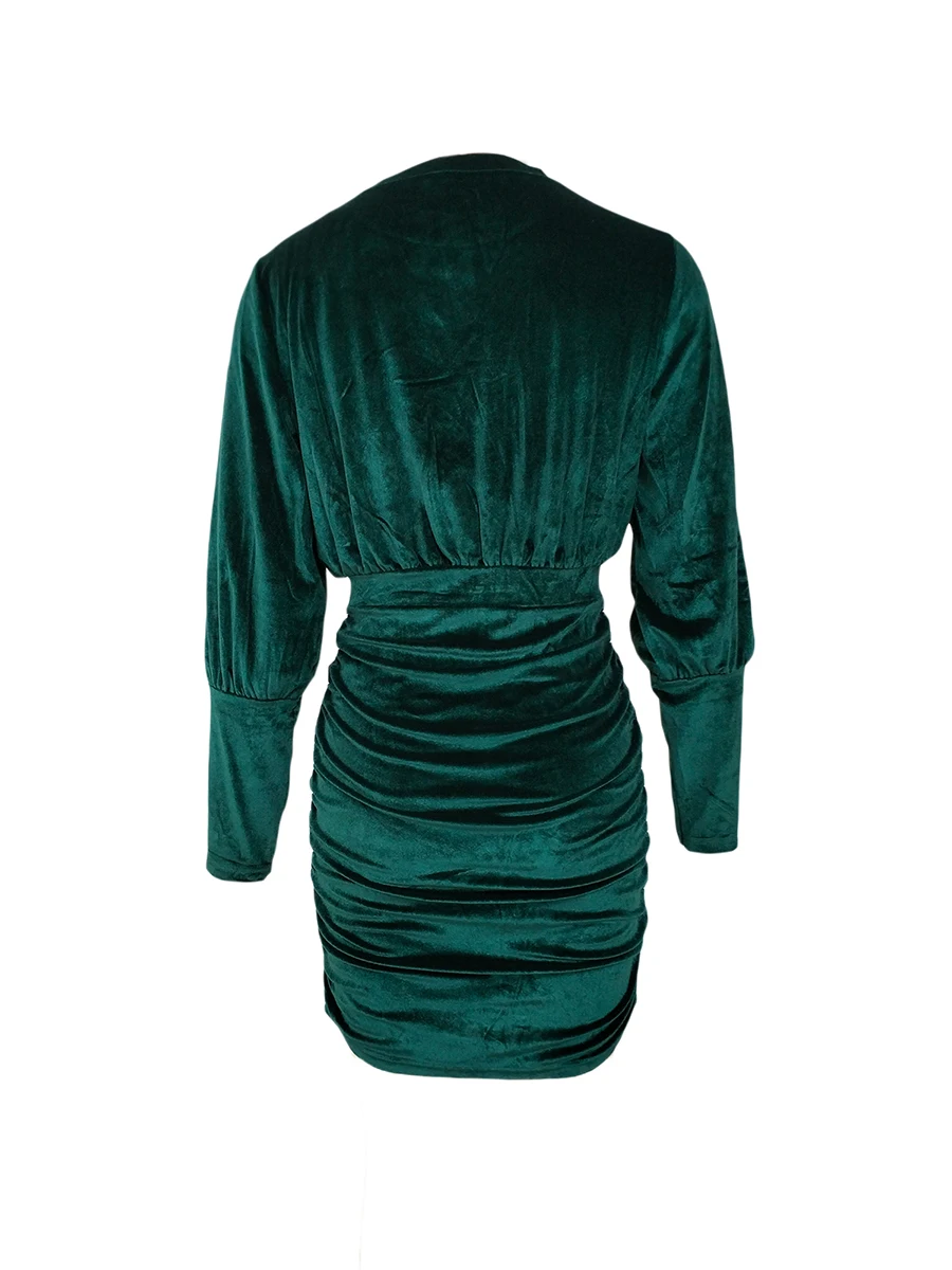 Women s Fall Velvet Bodycon Dress Solid Color Round Neck Lantern Long Sleeve Ruched Mini Dress