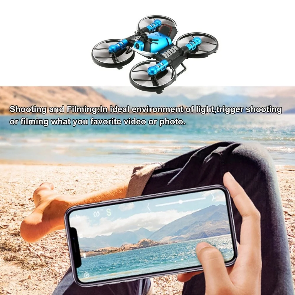 2.4G Radio RC Motorcycle Folding Quadcopter 2-in-1 Hand Gesture Sensing Auto Hovering Land and Air Rc Drone Flying Kids Toy Gift