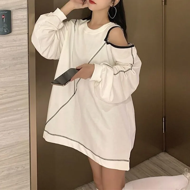 New Autumn Fashion Trend Off Shoulder Sleeves Zipper Round Neck Loose Versatile Western Style Slim Student Long Sleeve Sweater