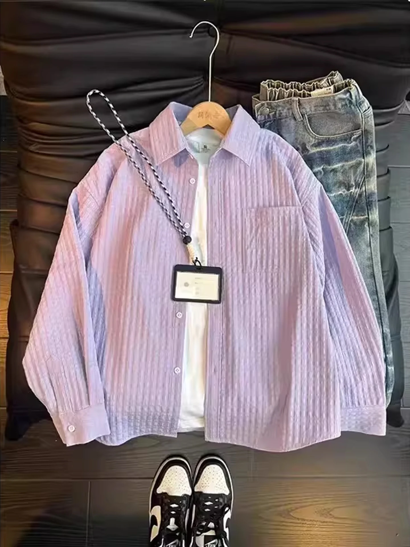 Light Purple Long Sleeve Bubble Shirt Men's Summer Thin Striped Quick Dry Collar Couple Outerwear Sunscreen Casual Fashion