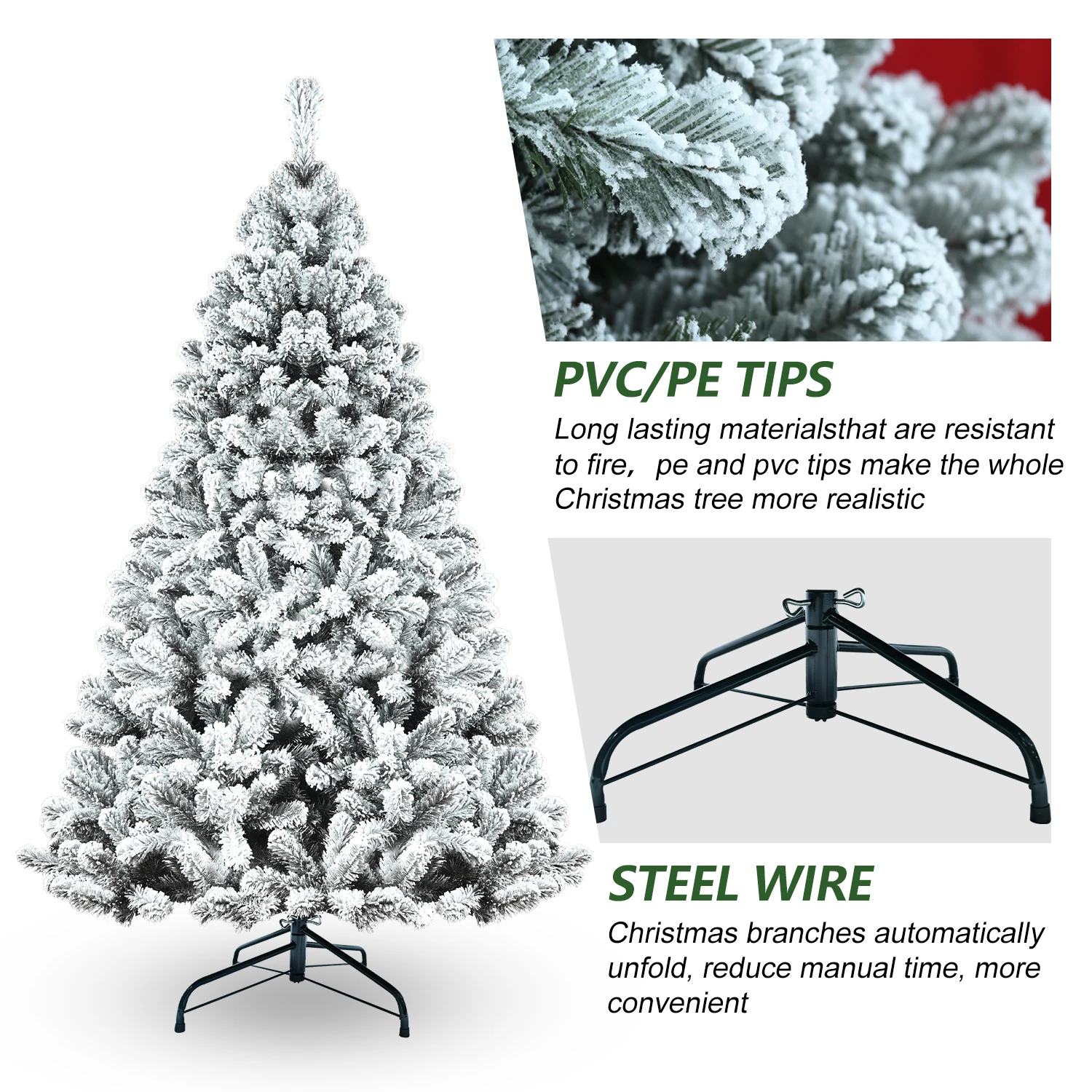 Flocked Christmas Tree Easy Assembly Branch Tips Artificial Holiday Xmas Tree Sturdy Metal Stand for Decorations NO Light