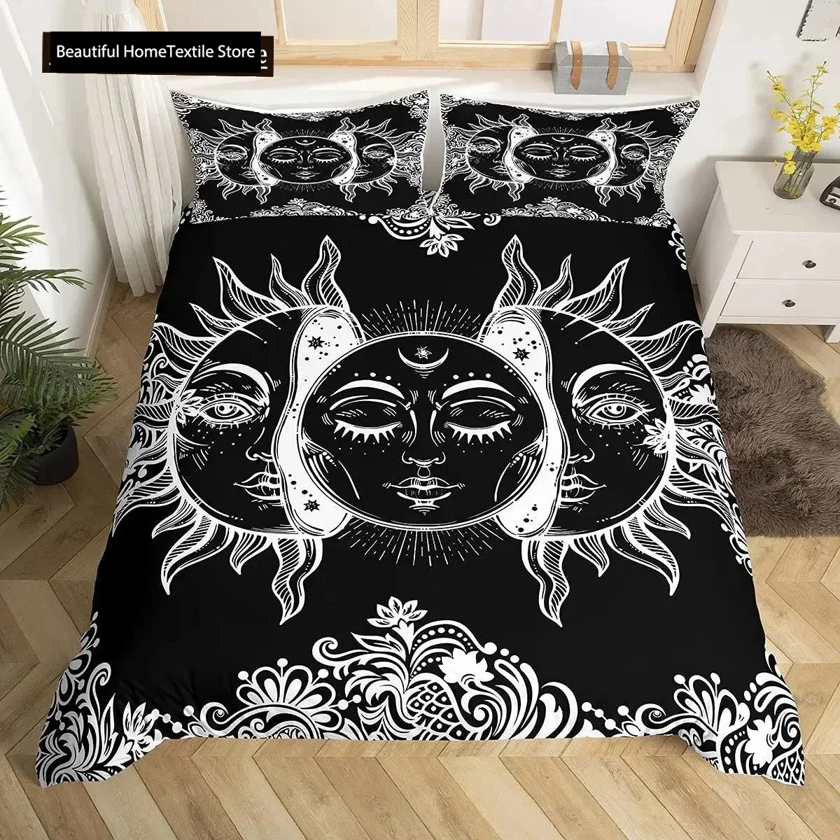 Mandala Duvet Cover Set Sun And Moon Comforter Cover Ties Exotic Style Black And White Botanical Floral Polyester Bedding Set