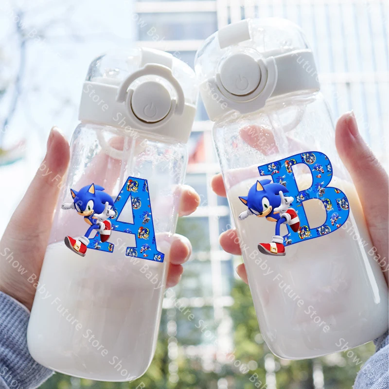 Botella de Agua Transparente de 400 ml, Linda y Divertida, para Niños y Niñas, con Diseño de Sonic, a Prueba de Fugas, con Pajita, para Deportes y Actividades al Aire Libre