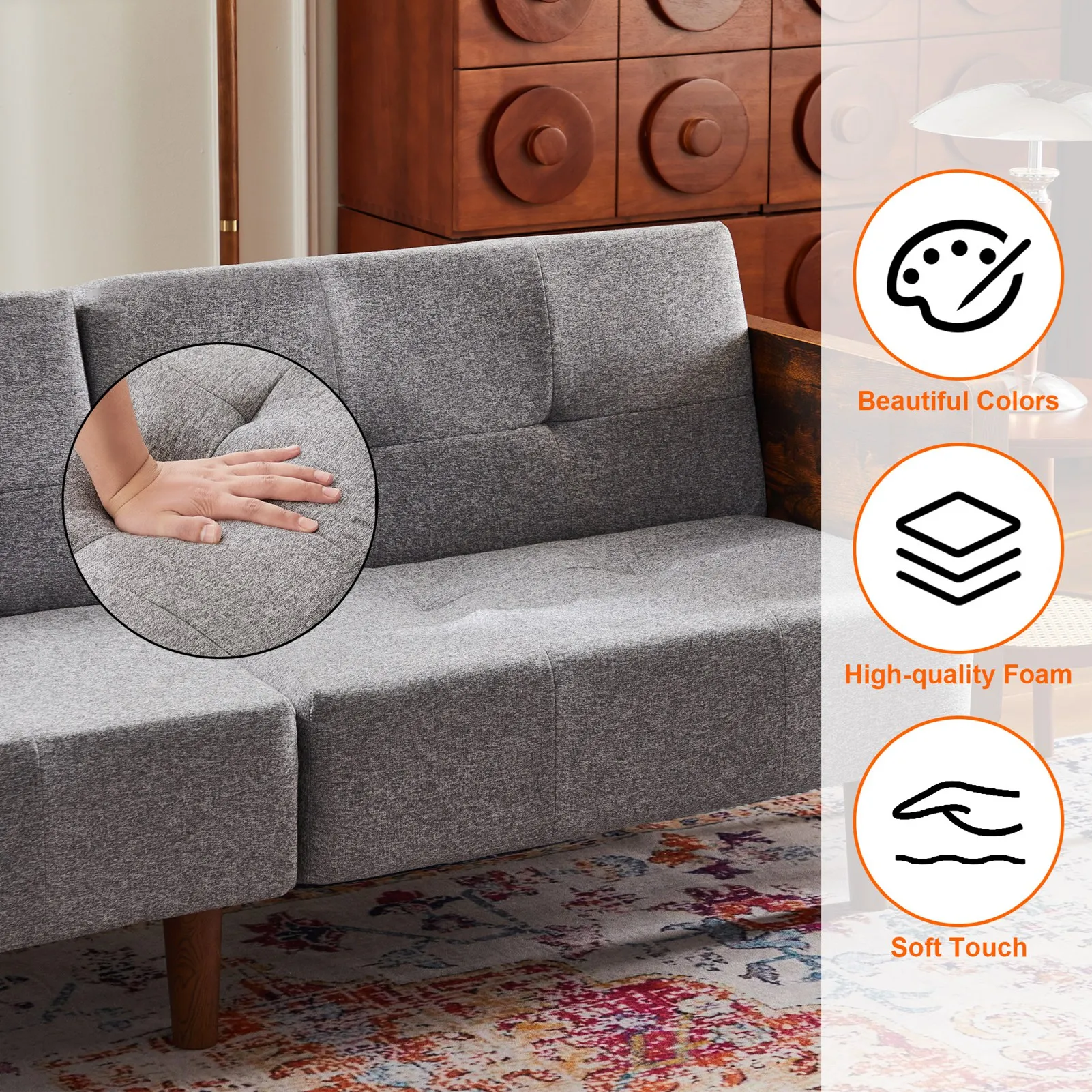 

Sofa Bed Twin 71in Wide Cotton Fabric Cushion Back Upholstered Arm 14 Segments Adjustable Angle Lengthen Dark Gray A Type