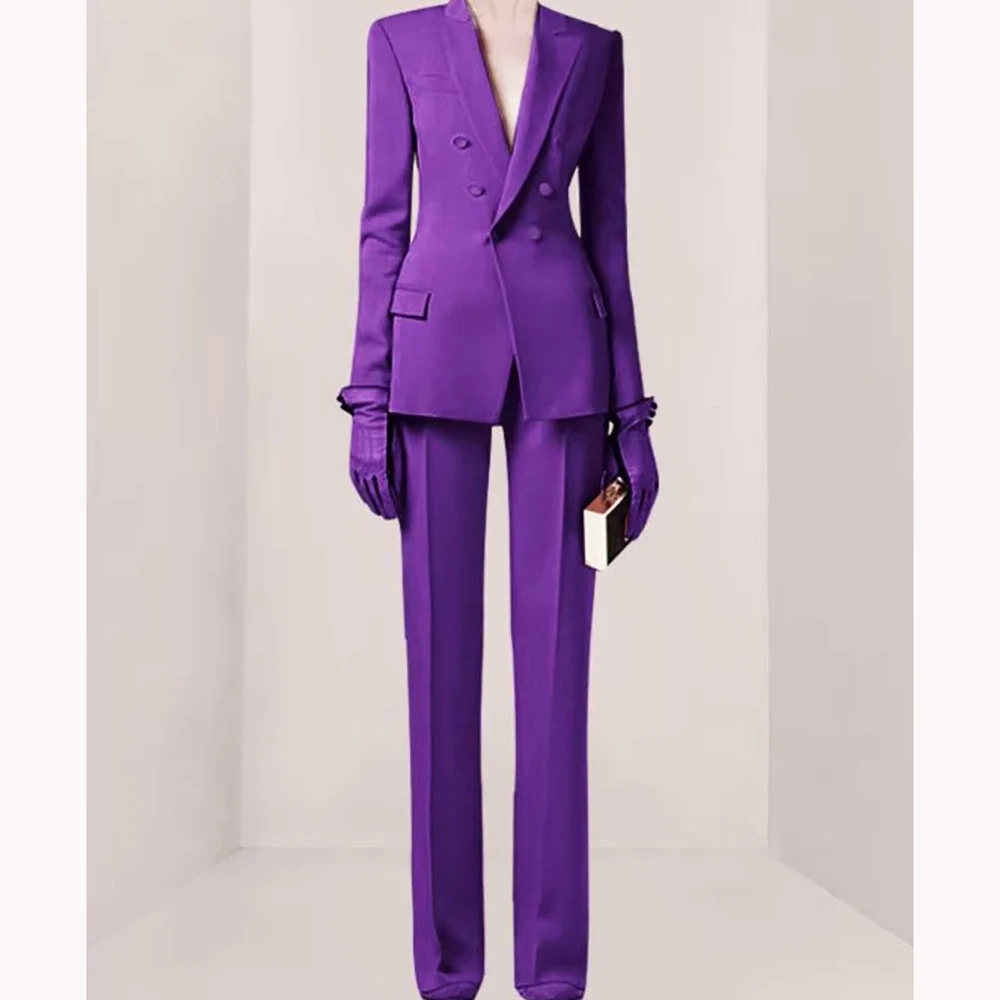 Purple Women Suit Double-breasted Peaked Lapel Two Pieces(Jacket+Pants) Modern Fashion Slim Business Office Lady Set Custom