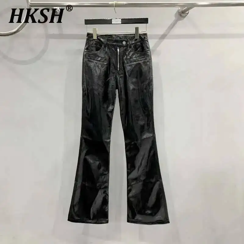 

HKSH Spring New Tide Dark Style Coated Bright Zipper Niche Design Flared Slim High Waist Long Casual Pants Y2K Ins Chic HK4353