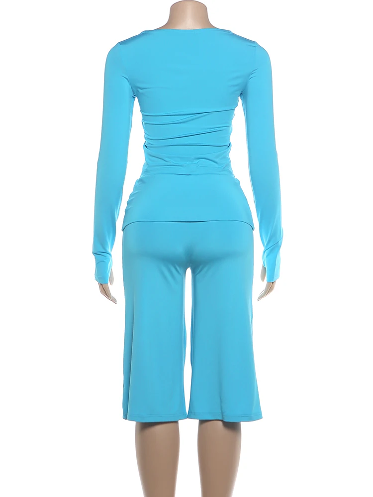 Weird Puss Freizeit- und Komfort-2-Teiler-Set für Damen, Herbst-Trend, O-Ausschnitt, langärmeliges Crop-Top + Shorts mit elastischem Bund, schlichter Alltagsanzug – Detail 5