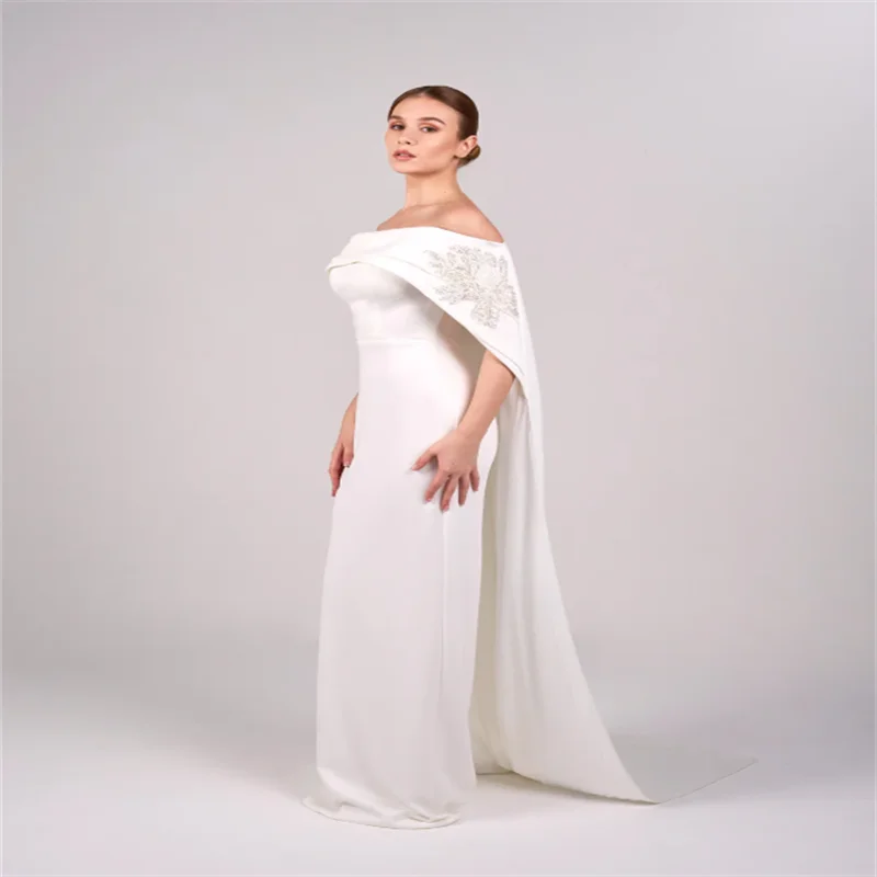 Off the Shoulder Evening Gown Elegant  Formal Party Court Train Sleeveless Ivory Wedding Guest Satin with Cap Customized