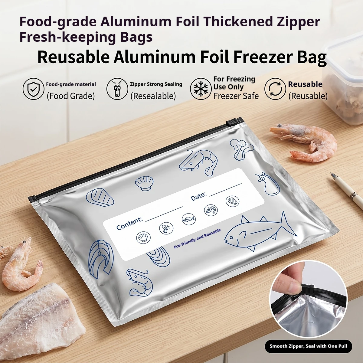 60 sacos de alumínio para armazenamento de alimentos, sacos para freezer, sacos seláveis com etiqueta e fecho zip, sacos para alimentos com fecho zip.